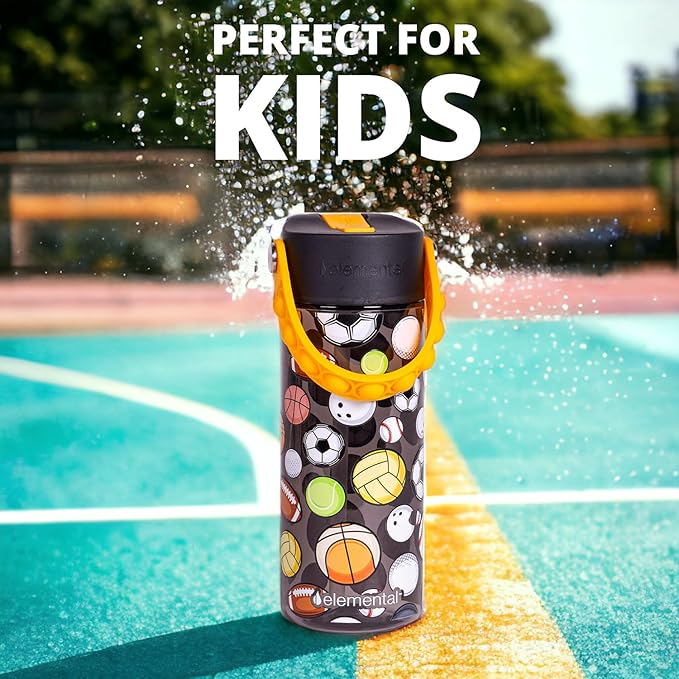 Elemental Water Bottles for Kids - Splash Kids Water Bottle for School with Pop-it Handle - BPA Free Tritan Plastic Water Bottle with Straw Leak Proof when Spout is Closed - Sports Ball - 18oz