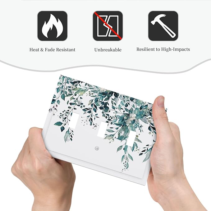 Decorative Light Switch Cover Plate Green Eucalyptus Boho Olive Leaves Country Unique 3 Gang Wall Plate Switch Plate Covers Triple Toggle Jumbo Electrical Faceplate for Bedroom Decor