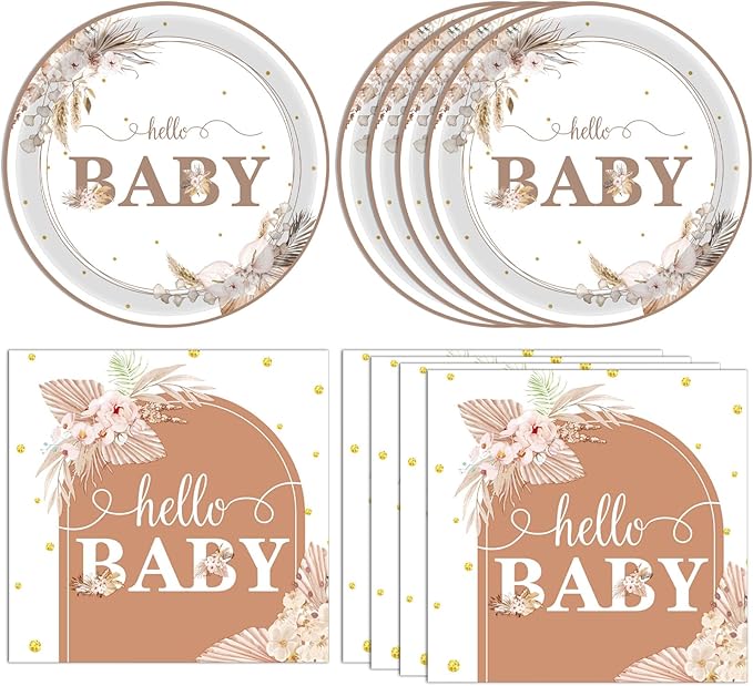 40 PCS Boho Baby Shower Decorations Bohemian Theme Disposable Tableware Set Gender Neutral Baby Shower Decorations Baby Paper Plates Napkins for Girl Boy