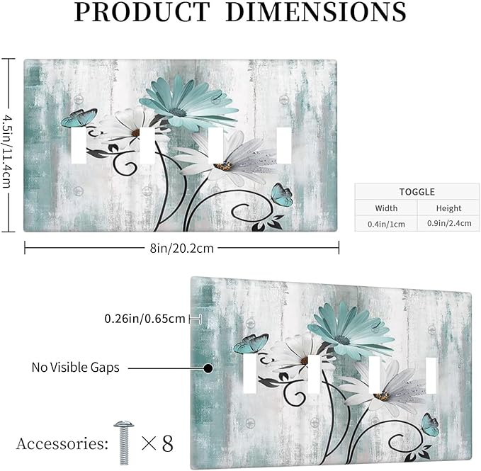 Teal Daisy Vintage Flower Butterfly Rustic Wood Print Light Switch Covers Quad Toggle Electrical Faceplate 4 Gang Wall Plate Decorative Switch Plates for Farmhouse Home Decor