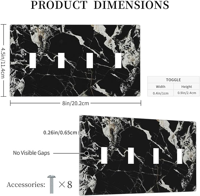 Black Marble Patterns Low Key Luxurious Light Switch Covers Quad Toggle Electrical Faceplate 4 Gang Wall Plate Decorative Switch Plates Cover for Bathroom Kitchen Decor
