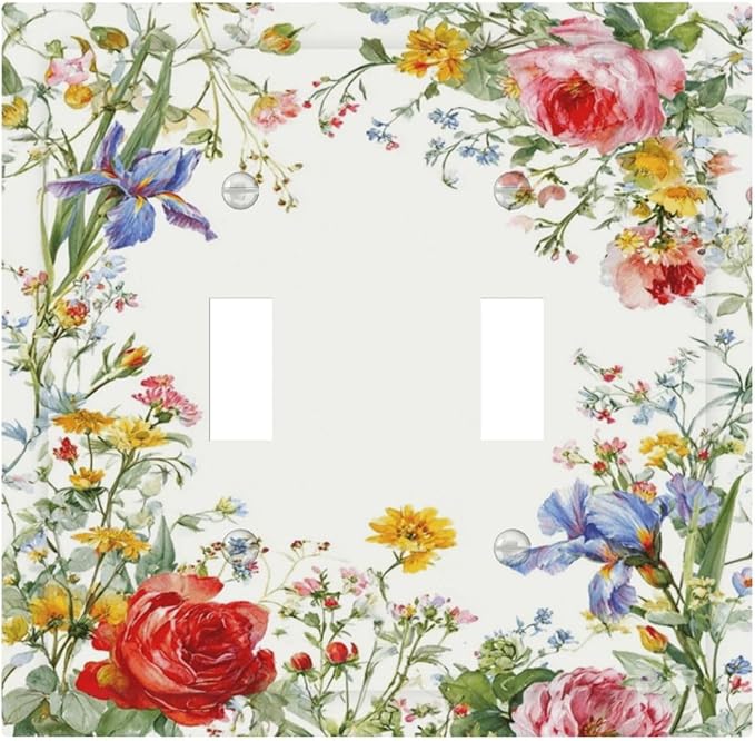 Decorative Light Switch Cover Plate Rustic Red Flower Garden Floral 2 Gang Outlet Covers Double Toggle Wall Plates for Electrical Switch Plate Covers Faceplate for Country Home Decor
