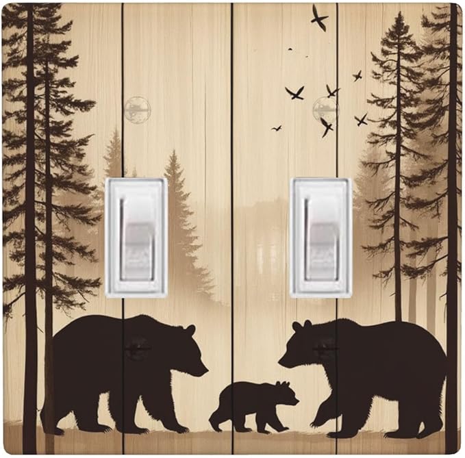 Cabin Bear Woodland 2-Gang Double Toggle Switch Plate, Rustic Wooden Bear Wall Plate for Cabin, Lodge, Farmhouse & Bedroom