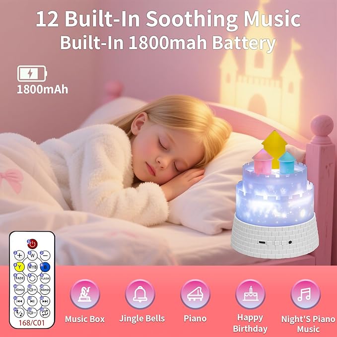 Carousel Kids Projector Night Light, 12 Music+23 Films, Rechargeable 1800mah Light Projector for Kid Room, 360 Rotating Night Light for Kids with Remote Timer, Princess Lamp for Girls Bedroom
