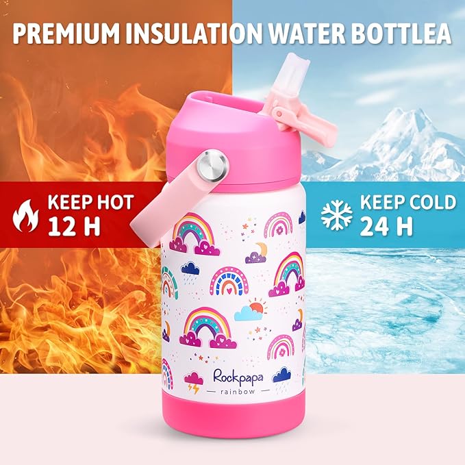 rockpapa 14 oz Kids Insulated Water Bottle，Stainless Steel Toddler Cups with Straws, BPA Free, Leak-Proof, Kids Water Bottle for School Boys& Girls (White Rainbow)