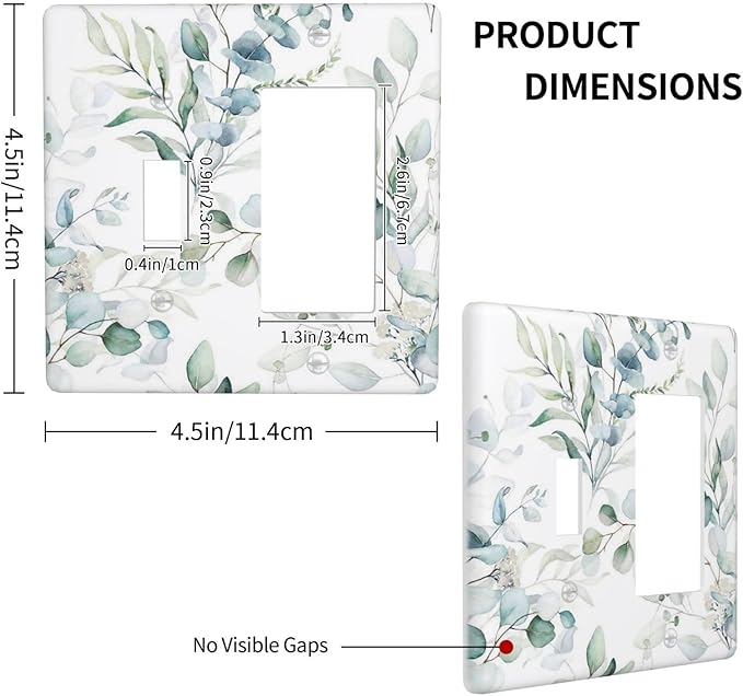 Watercolor Green Eucalyptus Saga Boho Leaves Decorative Single Toggle/Rocker Combo Light Switch Cover 2-Gang Electrical Wall Plate Botanical Double Combination Switch Decorator GFCI Receptacle Cover