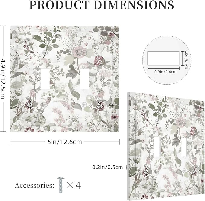 Boho Floral Leaf Vintage Watercolor Flower Decorative Switch Plates 2 Gang Double Toggle Outlet Light Switch Cover Wall Plate Electrical Faceplate for Farmhouse Bedroom Decor
