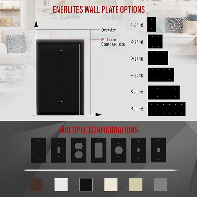 ENERLITES Blank Device Wall Plate, Blank Outlet Cover, Gloss Finish, Mid-Size 1-Gang 4.88" x 3.11", Polycarbonate Thermoplastic, 8801M-BK, Black