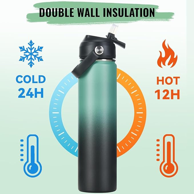 Fijinhom 24oz Insulated Stainless Steel Water Bottle, Wide Mouth Double Wall Vacuum, Silicone Straw, Sweat & Leak Proof, BPA Free Insulated Water Flask for Travel, Keep Cold 24h Hot 12h, Green & Black