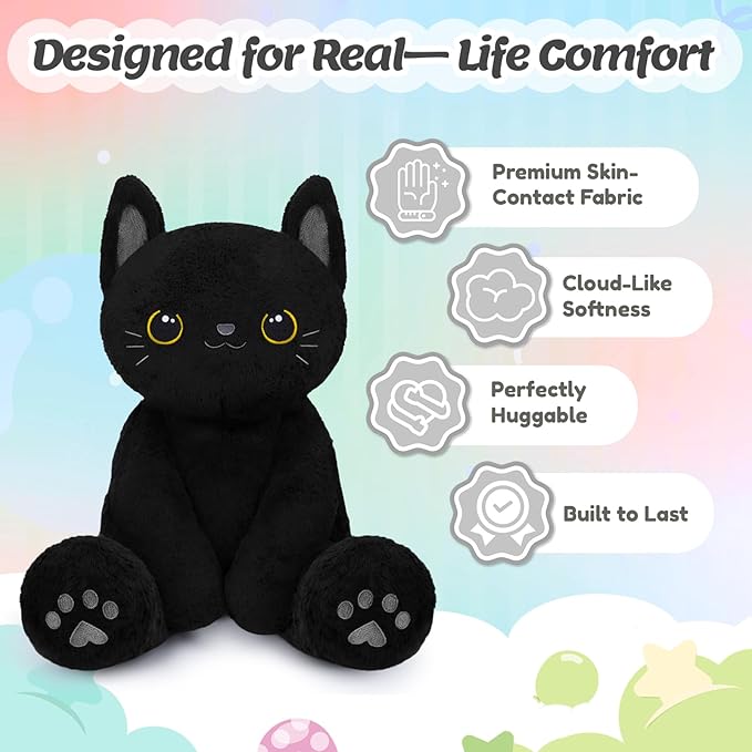 BRICHOEE 5lbs Weighted Stuffed Animals, Black Cat Plush Calming Weighted Black Cat Stuffed Animals, Cute Plush Toy Sensory Plushie Pillow Birthday Gifts for Adults Baby Kids Boys Girls