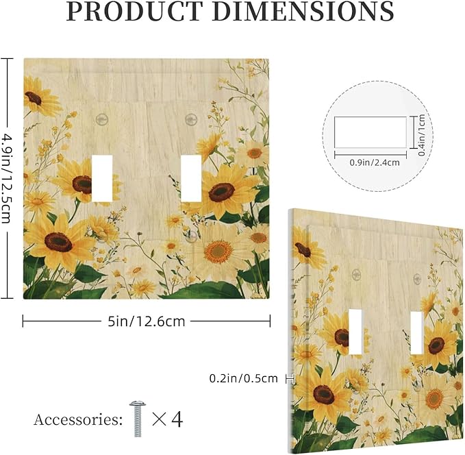 Decorative Switch Plate Cover with Vintage Botanical Sunflower Field Design 2 Gang Wall Plate Unique Double Toggle Double Light Switch Covers for Nature Yellow Blooms Wall Decor