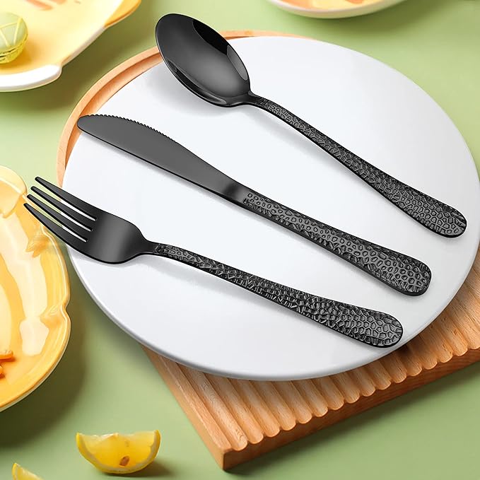LIANYU 12-Piece Kids Black Silverware Set, Stainless Steel Preschooler Toddler Utensils, Hammered Metal Flatware Cutlery Set, Children Tableware Includes Knives Forks Spoons, Dishwasher Safe