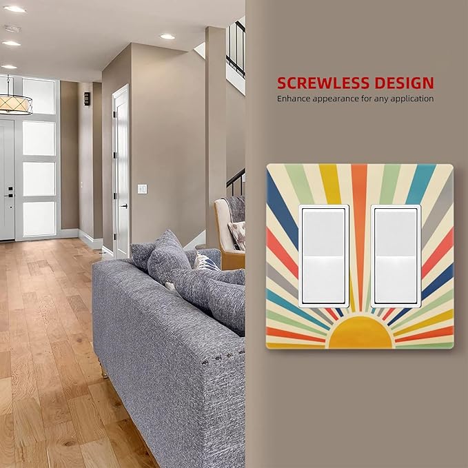 Retro Vintage Hippie Rainbow Boho 70s Mid Century Sun Abstract Sunrise 2 Gang Screwless Double GFCI Decorator/Rocker Outlet Light Switch Wall Plate Covers Decorative Dual Device Receptacle Faceplate