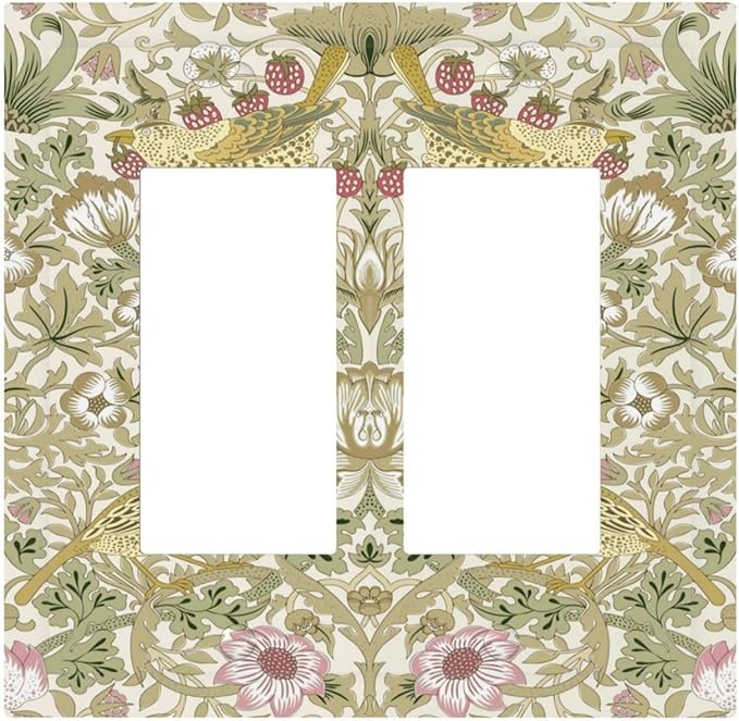 William Morris Vintage Strawberry Bird Botanical Decorative Outlet Covers 2 Gang Double GFCI Rocker Electrical Wall Panels Light Switch Cover Plate for Farmhouse Home Decor