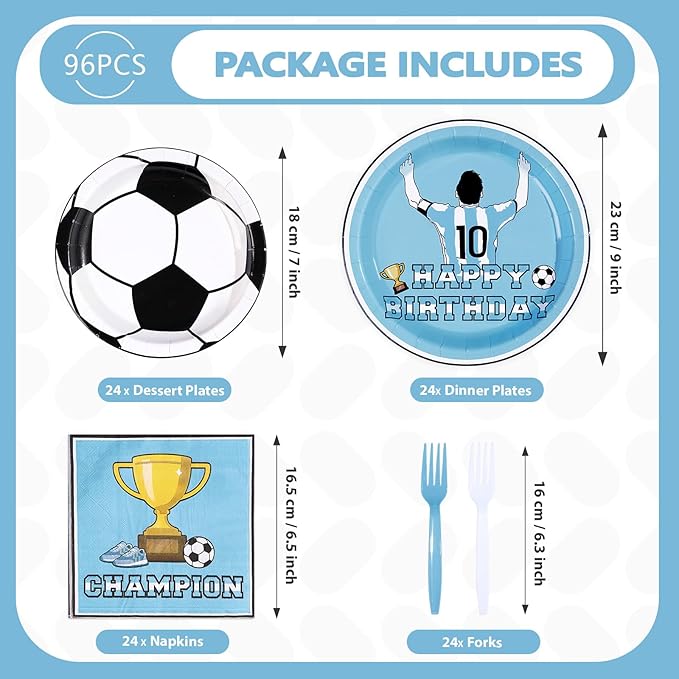 96Pcs Blue Soccer Birthday Party Supplies Blue Soccer Star Plates and Napkins Football Champion Themed Tableware Set for Sports Fans Football Theme Birthday Party Supplies，Serves 24