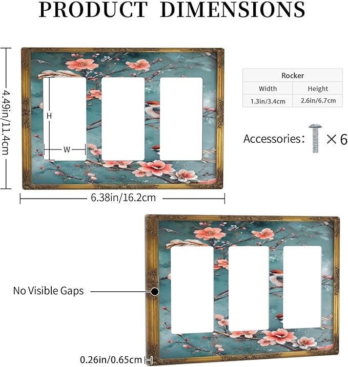 Decorative Art Light Switch Covers Birds on Branches 3 Gang Triple Rocker Outlet Switch plate GFCI Faceplate GFCI for Home Decor