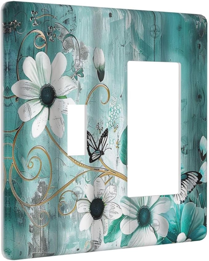 Decorative Outlet Covers Turquoise Flowers and Butterflies Rustic Teal White Floral 2 Gang 1 Gang Wall Plate Single Toggle Rocker Device Combination Light Switch Cover Plate Switch Plate Cover