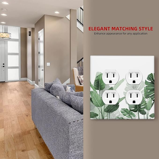 Outlet Covers Boho Tropical Plant Natural Palm Leaf 2 Gang Double Duplex Decorative Light Switch Covers Electrical Wallplates Socket Faceplate For Bed Room Living Room Decor