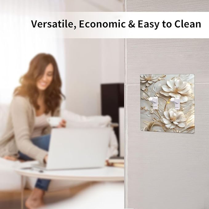 Decorative Art Light Switch Covers Elegant White and Gold Florals 2 Gang Double Toggle Wall Plate Decorative Switchcover Electrical Switchplate for Home Decor