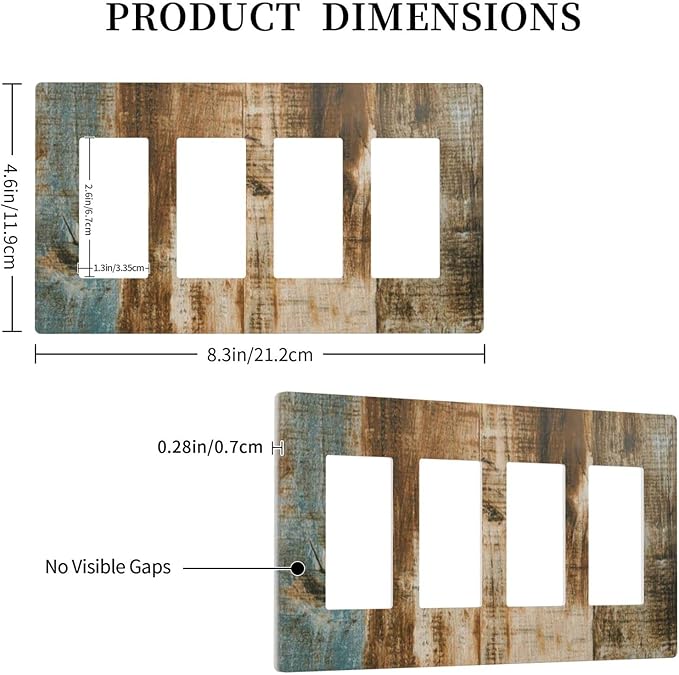 Brown Wood 4 Gang Quad Rocker/Decor Light Switch Cover Plate Decorative Electrical Faceplate for Bathroom Room Decorate Jumbo Size Screwless 8.3" x 4.6