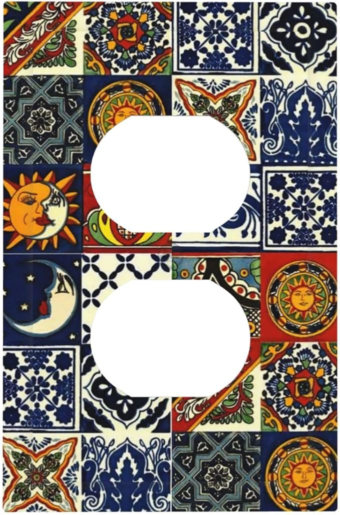 Kitchen Blue/Red Boho Mexican Talavera Tile 1 Gang Duplex Wall Plate Receptacle Outlet Covers Bohemian Moroccan Mosaic Tiles Decorative Electrical Dual Device Light Switch Plug Socket Faceplate Cover