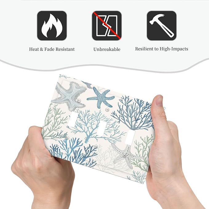 Decorative Switch Plates Ocean Beach Theme Starfish Seashell Coral 3 Gang Wall Plate Triple Toggle Light Switch Cover Faceplate Electrical Wall Panels For Bathroom Kids Room Decor