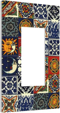 Retro Kitchen Boho Sun Moon Mexican Talavera Tile 1-Gang Decorator Rocker Outlet Light Switch Cover Moroccan Mosaic Tiles Decorative Single Device GFCI Receptacle Switch Wall Plate Dimmer Mid Size