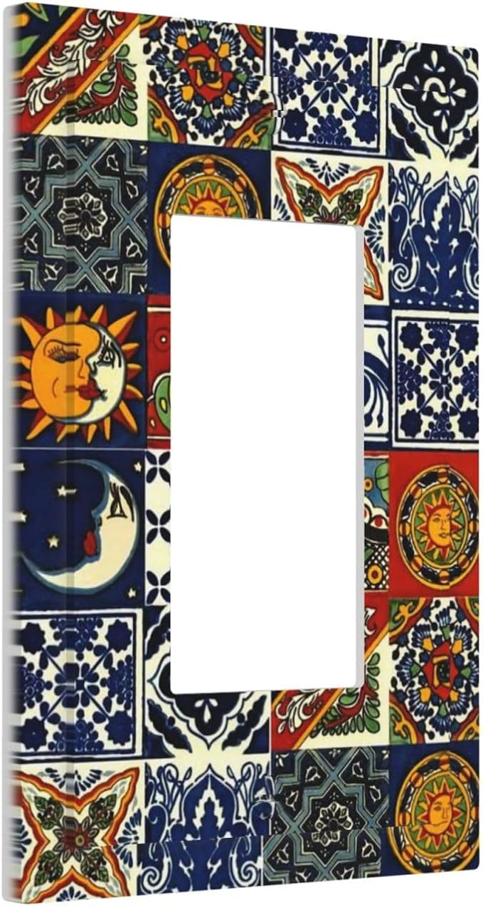 Retro Kitchen Boho Sun Moon Mexican Talavera Tile 1-Gang Decorator Rocker Outlet Light Switch Cover Moroccan Mosaic Tiles Decorative Single Device GFCI Receptacle Switch Wall Plate Dimmer Mid Size