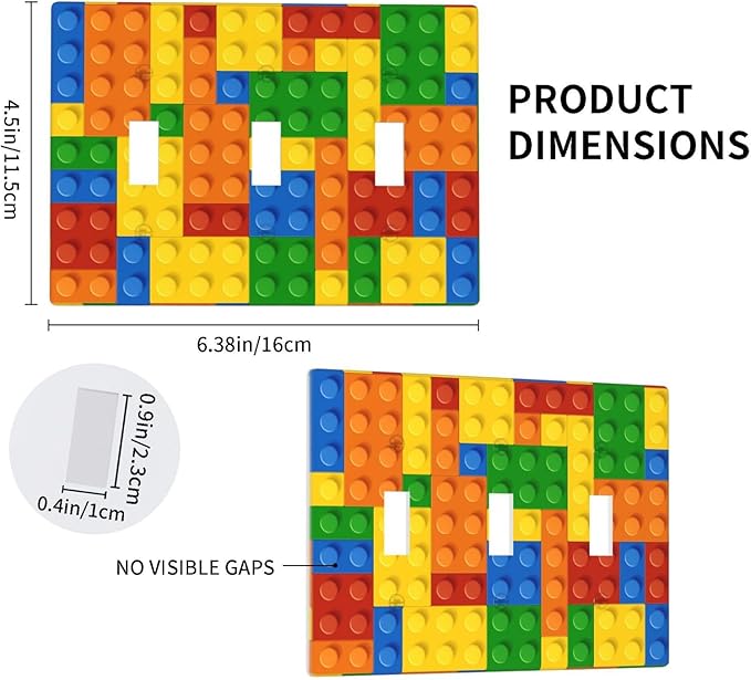 Colorful Bricks Light Switch Cover Plates Decorative Triple Toggle Wall Plate, 3 Gang Lightswitch Cover