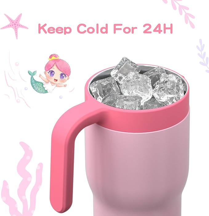 OISIZ 14oz Kids Tumbler with Straw Lid & Handle,Kids Cup with Animal Accessory for School,Kids Water Bottles with Dust-proof Cover,Leakproof Water Bottles,316 Stainless Steel,Keep Cold 24 Hours-pink