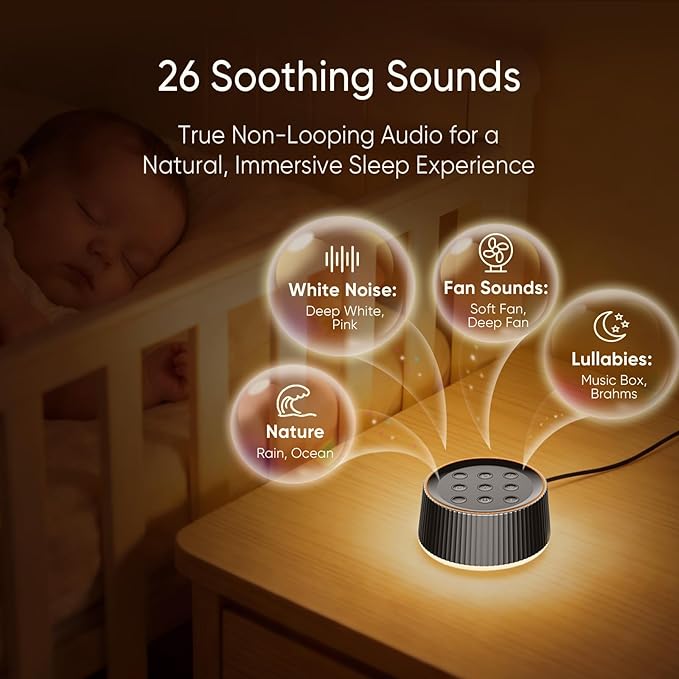 Noise Machine, White Noise Sound Machine for Baby & Adults, 26 Soothing Sounds, 8 Night Light Colors, Tap Control, 6 Timer Settings, Auto-Off & Memory, 4-7-8 Breathing, Sleep Soother for Home