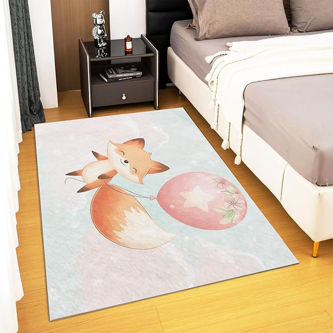 Cartoon Fox Balloon Kids Rugs 2×3ft Cute Animal Washable Soft Kids Bedroom Rugs, Non-Slip Floor Carpet for Dining Room Kitchen Entryway Doormat Home Decor
