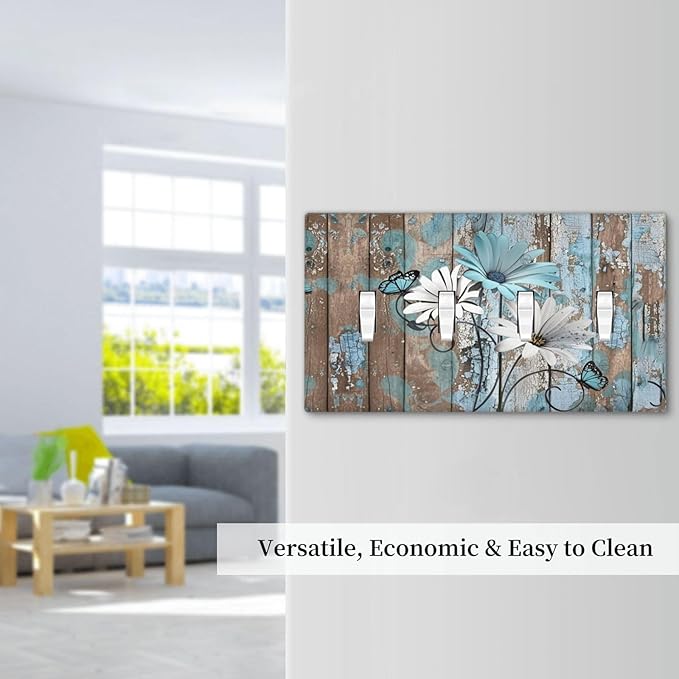 Light Switch Covers Rustic Flower Teal Turquoise Daisy Butterfly Quad Toggle Electrical Faceplate 4 Gang Wall Plate Decorative Switch Plates For Farmhouse Cabin Decor