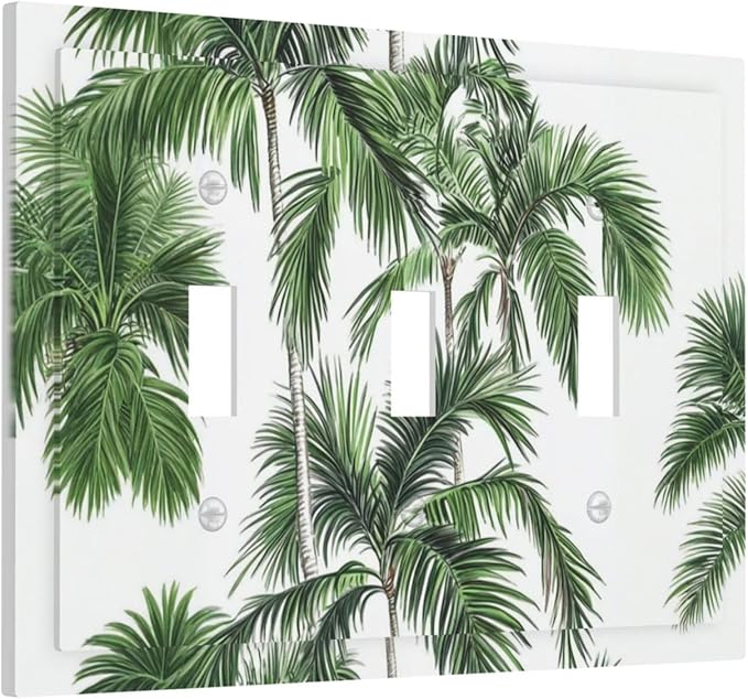 Decorative Switch Plates Palm Trees Tropical Green Plant Palm Leaf 3 Gang Wall Plate Triple Toggle Light Switch Cover Faceplate Electrical Wall Panels For Bed Room Bathroom Decor