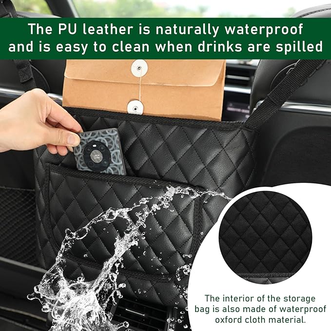 Dickno Car Purse Holder Between Seats, Leather Auto Front Seat Handbag Organizer Pocket, Universal Large Capacity Seat Bag Box Storage, Vehicle Interior Backseat Barrier for Kids Pet