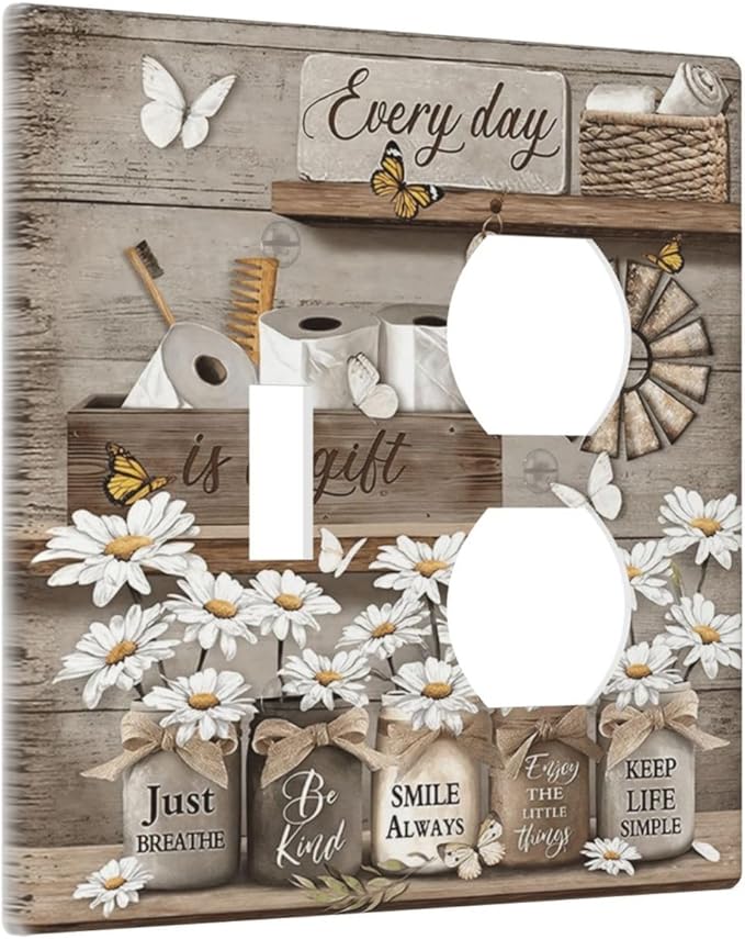 Rustic Daisy Flower Butterfly Inspirational Cottage Wallplates 1 Toggle 1 Duplex Switch Plate Electrical GFCI Faceplate Decorative Light Switch Covers for Farmhouse Bedroom Decor