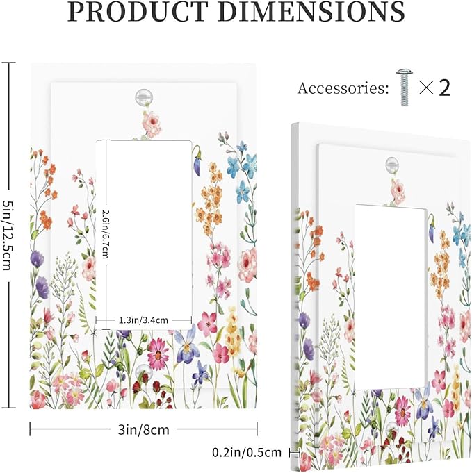 Boho Watercolor Wildflowers Floral Plants Flower Decorative Outlet Covers 1 Gang Single Rocker Light Switch Cover Plate Wall Plates GFCI Faceplate for Bedroom Living Room Decor