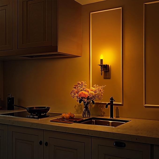 Briignite Flameless Candle Night Lights Plug into Wall, Amber LED Night Light with Dusk to Dawn Sensor, 0-100LM Dimmable Plug in Chandelier Night Light for Kids, Hallway, Bathroom, Bedroom