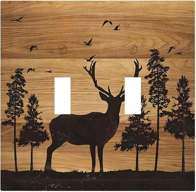 Elk Moose Forest Hunting Pyrography Art Wood Texture Print Decorative Switch Plates 2 Gang Double Toggle Outlet Light Switch Cover Wall Plate Electrical Faceplate for Farmhouse Bedroom Decor