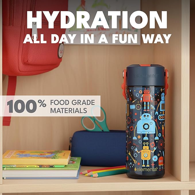 Elemental Water Bottles for Kids - Splash Kids Water Bottle for School with Pop-it Handle - BPA Free Tritan Plastic Water Bottle with Straw Leak Proof when Spout is Closed - Blue Robot - 18oz