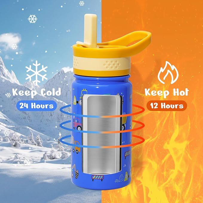 BUZIO 14 oz Kids Water Bottle with Straw Lid, Vacuum Insulated Stainless Steel Metal Thermo Bottles for Toddlers Girls Boys Leak Proof BPA-Free & Lead-Free Flask for School, Blue Construction Car