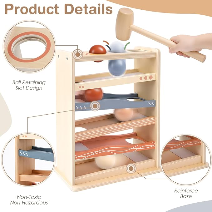 Vanplay Ball Drop Toys for One Year Old Boy Girls Birthday Gifts, Montessori Toys for 1 2 Year Old, Wooden Hammer Rolling Ball Toys for Toddlers 1-3, Cause and Effect Toys for Baby 12M+ First Gifts