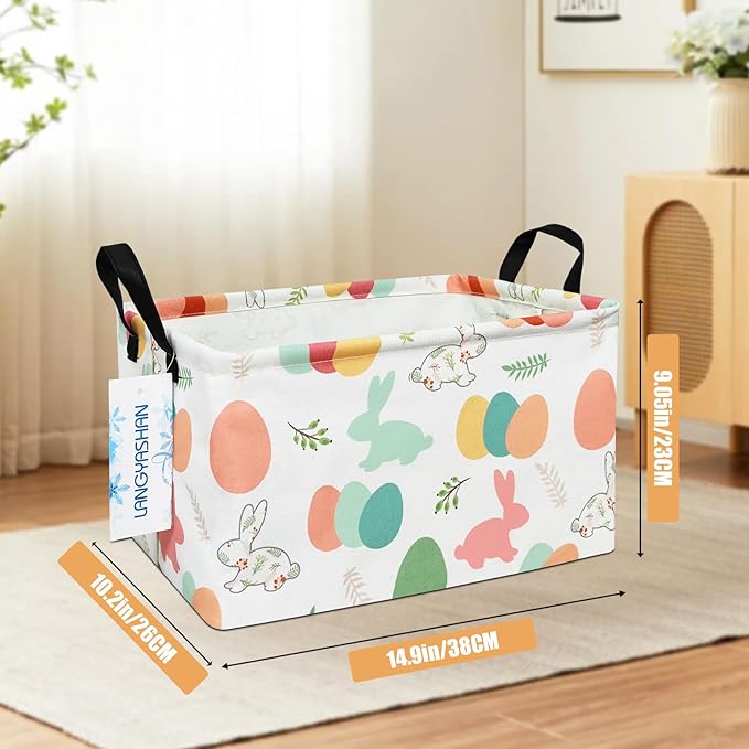 LANGYASHAN Rectangular Storage Bin Collapse Canvas Fabric Cartoon Storage Basket with Handles for Organizing Home Kitchen Boys and Girls Toys Office Closet Shelf Baskets (Rec Rabbit Easter Egg)