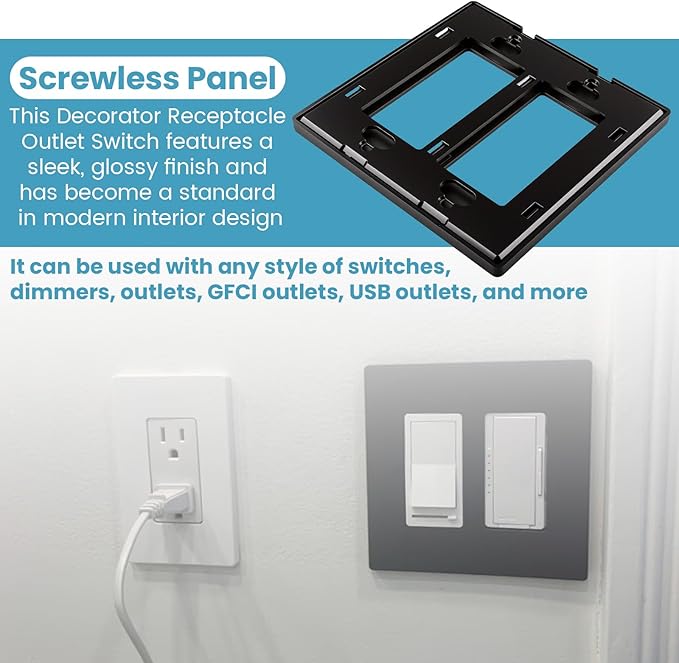 Matte Black 2-Gang Screwless Decorative Wall Plates, Wall Plate Child Safe Outlet Cover, Unbreakable Polycarbonate Thermoplastic for Leviton 80309-SE, Screw Smooth Face Switch Plates, 3-Pack