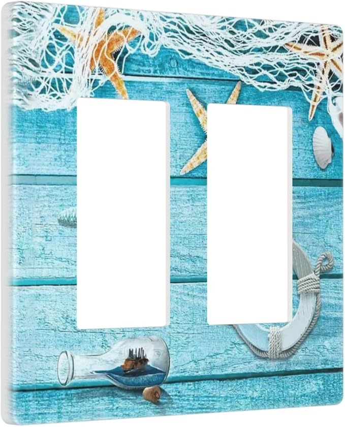 Nautical Turquoise Teal Beach Fishing Net Wood Plank 2 Gang Double Rocker/Gfci Outlet Light Switch Cover Aqua W ooden Decorative Dual Device Decorator Wall Plate Screwless for Receptacle Dimmer Cover
