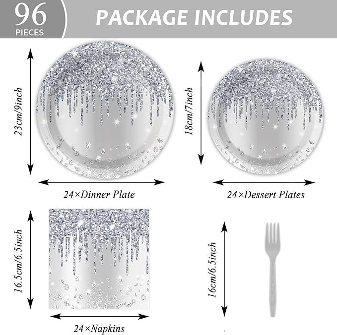 96 Pieces Silver Glitter Party Tableware Set for Denim and Diamonds Party Decorations Silver Plates and Napkins Forks Glitter Diamonds Theme Birthday Table Decorations for 24 Guests Parties Supplies