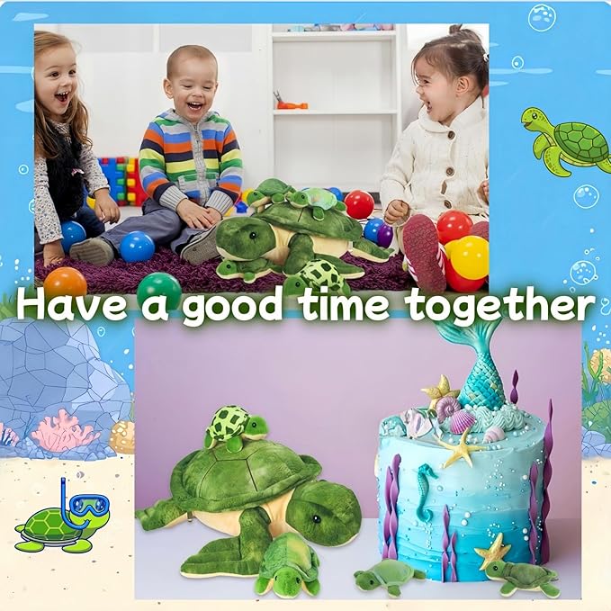 5 Piece Sea Turtle Stuffed Animal with Babies, 12'' Mommy Stuffed Turtle Plush Pillow Toy with 3 Baby Turtles Surprise Tortoise Plushies Toys for Kids Toddler Birthday Party Favors