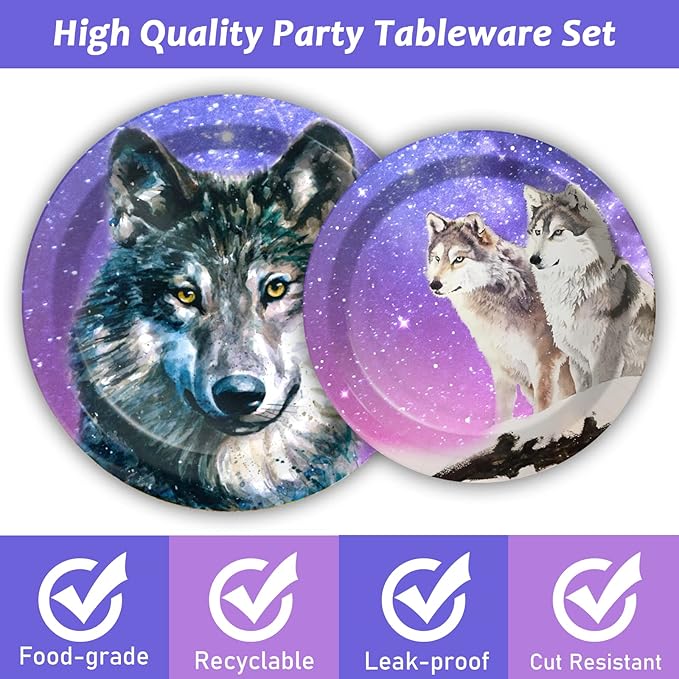96 Pcs Wolf Party Plates Napkins Tableware Set Wolf Animal Birthday Supplies Disposable Dinnerware Wolves Decoration Favors for Boys Girls Birthday Baby Shower, 24 Guests