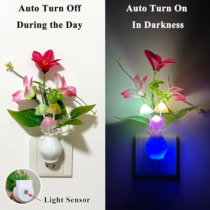 Plug-in Night Light with Auto Light Sensor, RGB LED Mushroom Night Light Wall Based Flower Lamp 1W Energy Efficient Nursery Nightlight for Kids Room, Bedroom, Nursery, Lounge, Hallway and Stairs