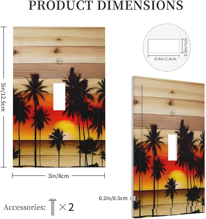 Sunset Beach Coconut Palm Tree Wooden Background Decorative Light Switch Cover 1 Gang Single Toggle Device Electrical Faceplate Switchplates Decorator Outlet Wall Plate for Bedroom Living Room Decor